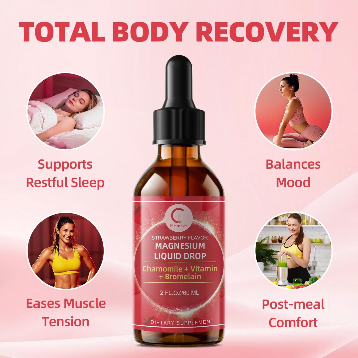 Magnesium Glycinate Liquid Drops with Chamomile, Hawthorn & Ginger for Stress Relief and Digestive Comfort, Fast Absorption, Non-GMO, Vegan Formula, Sugar Free, Strawberry Flavor, 2 Fl OZ