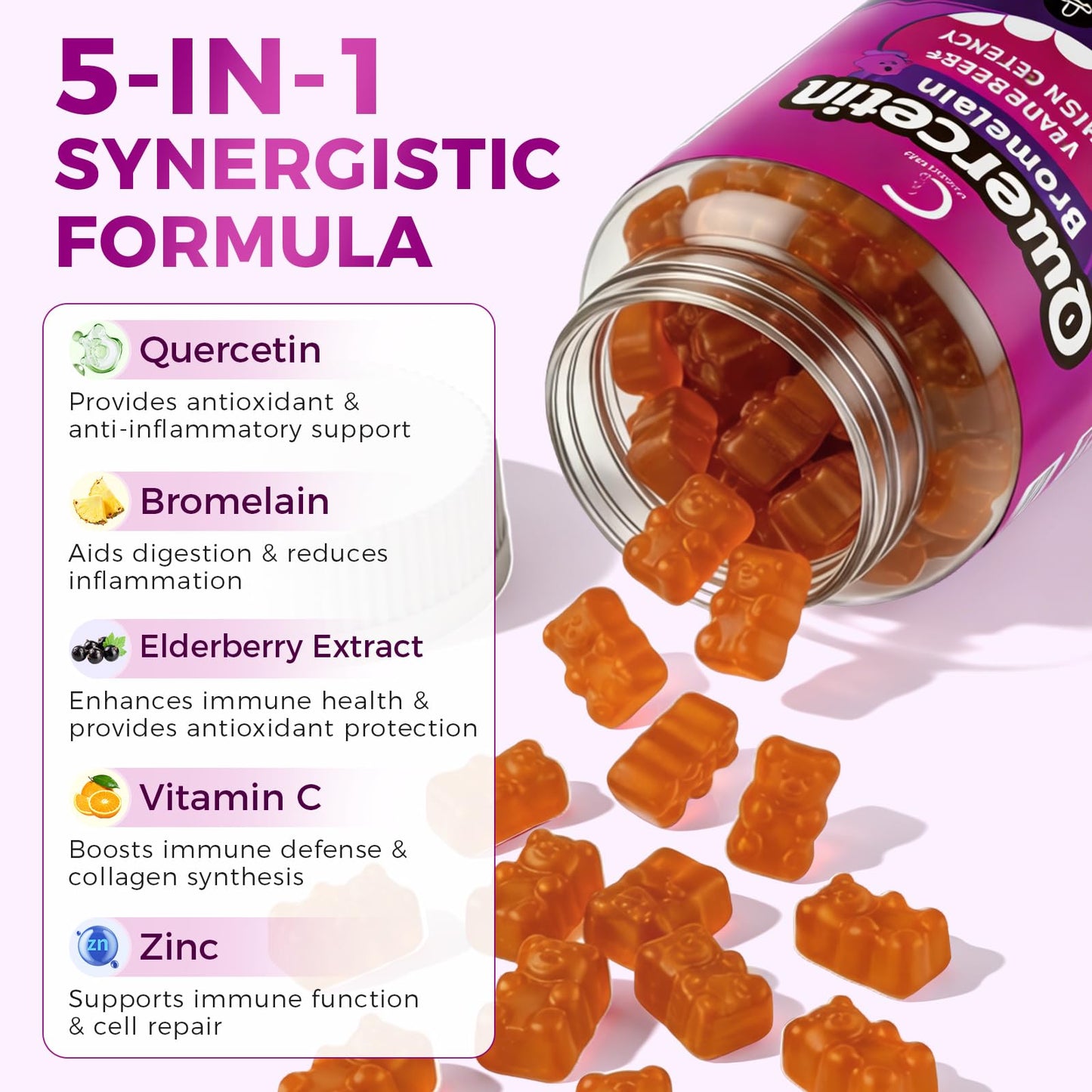 Quercetin Gummies, Quercetin with Bromelain, Vitamin C, Zinc & Elderberry, High Potency Immune Support, Respiratory Health & Antioxidant Supplement for Adult & Kid, Vegan, 60 Gummies (2 Pack)