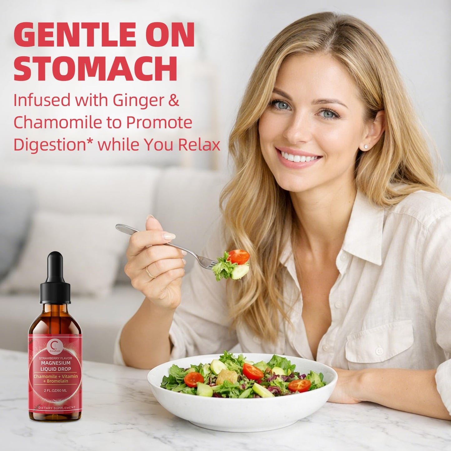 Magnesium Glycinate Liquid Drops with Chamomile, Hawthorn & Ginger for Stress Relief and Digestive Comfort, Fast Absorption, Non-GMO, Vegan Formula, Sugar Free, Strawberry Flavor, 2 Fl OZ