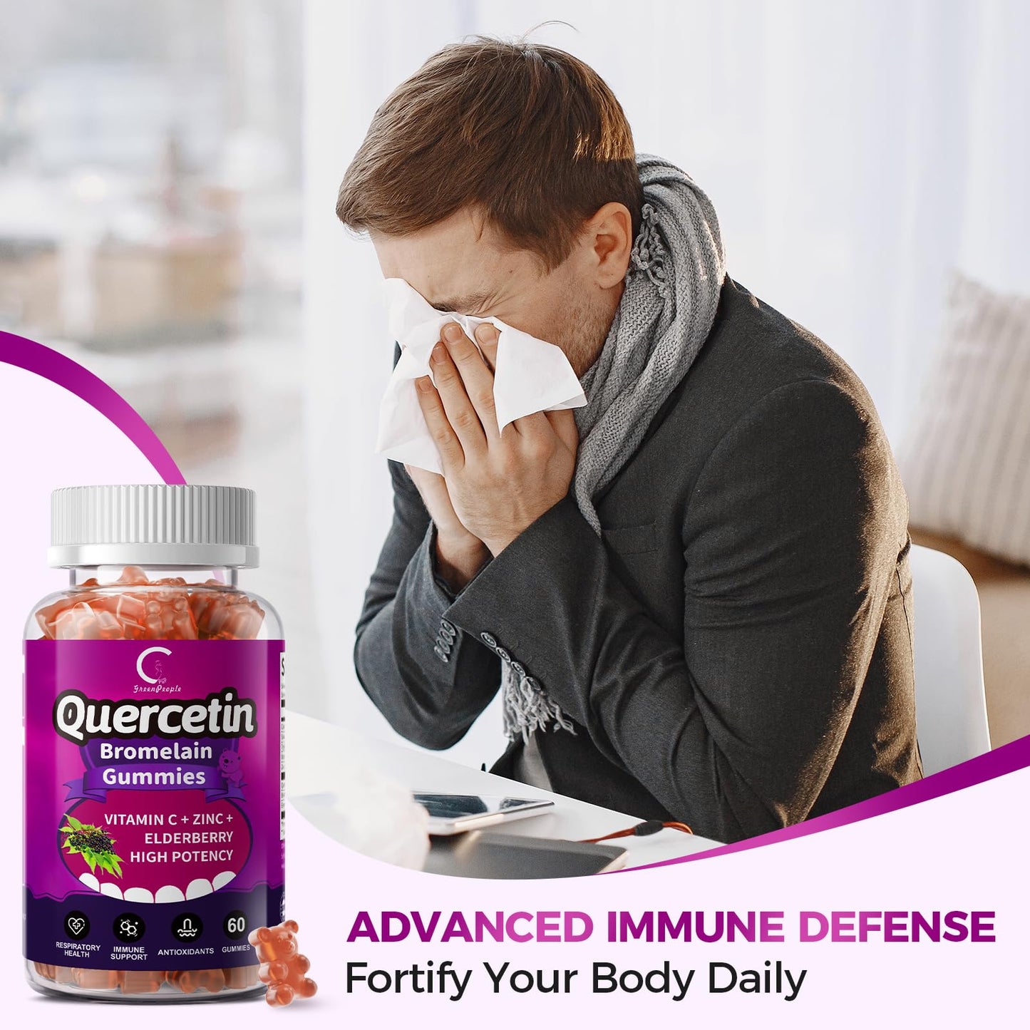 Quercetin Gummies, Quercetin with Bromelain, Vitamin C, Zinc & Elderberry, High Potency Immune Support, Respiratory Health & Antioxidant Supplement for Adult & Kid, Vegan, 60 Gummies (2 Pack)