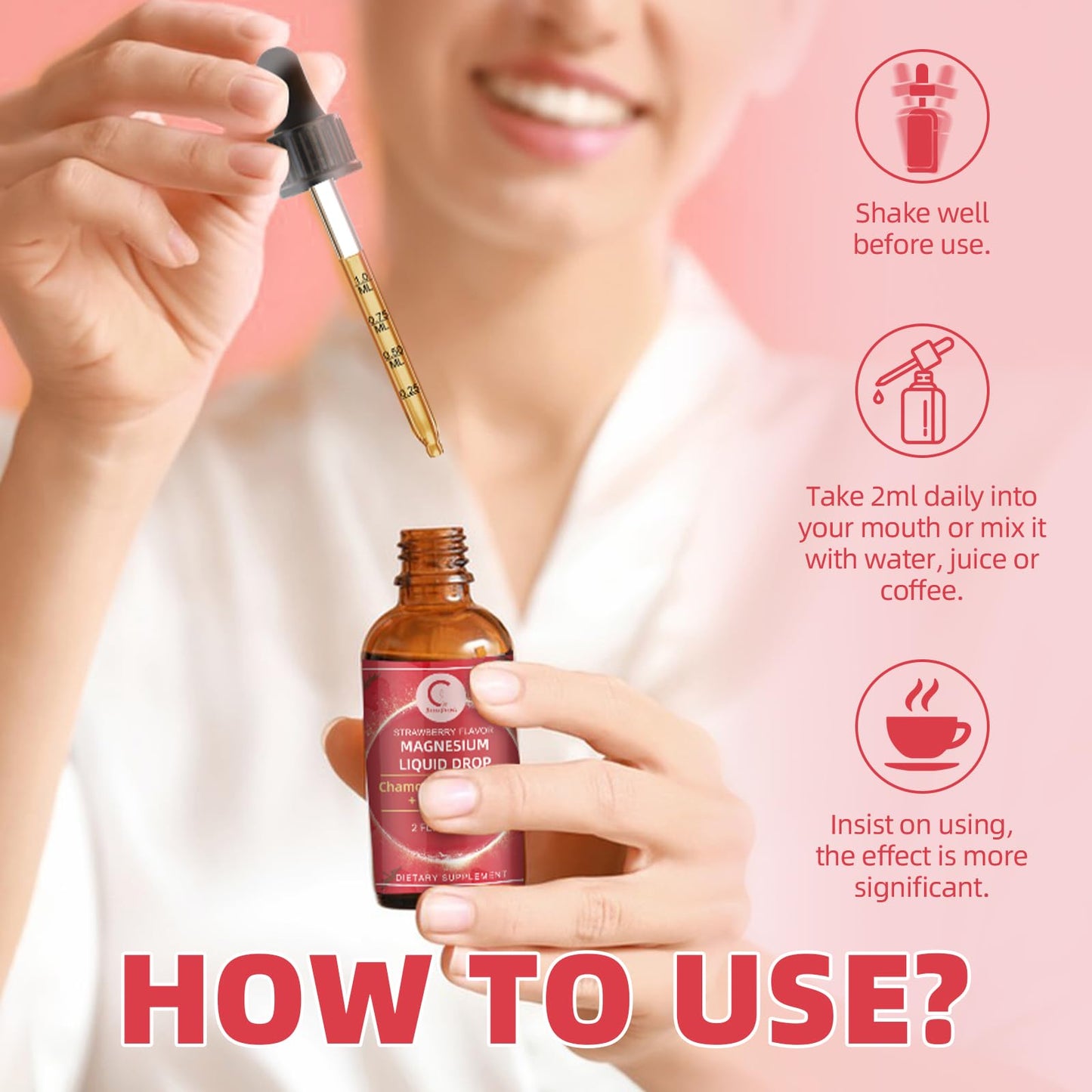 Magnesium Glycinate Liquid Drops with Chamomile, Hawthorn & Ginger for Stress Relief and Digestive Comfort, Fast Absorption, Non-GMO, Vegan Formula, Sugar Free, Strawberry Flavor, 2 Fl OZ