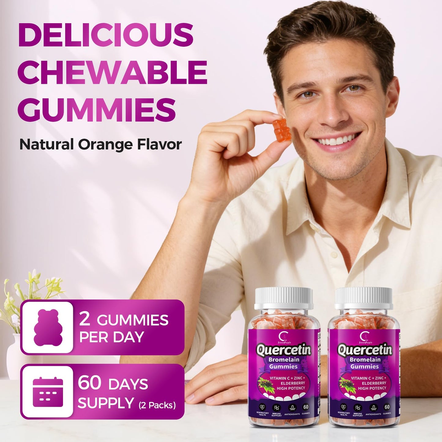 Quercetin Gummies, Quercetin with Bromelain, Vitamin C, Zinc & Elderberry, High Potency Immune Support, Respiratory Health & Antioxidant Supplement for Adult & Kid, Vegan, 60 Gummies (2 Pack)