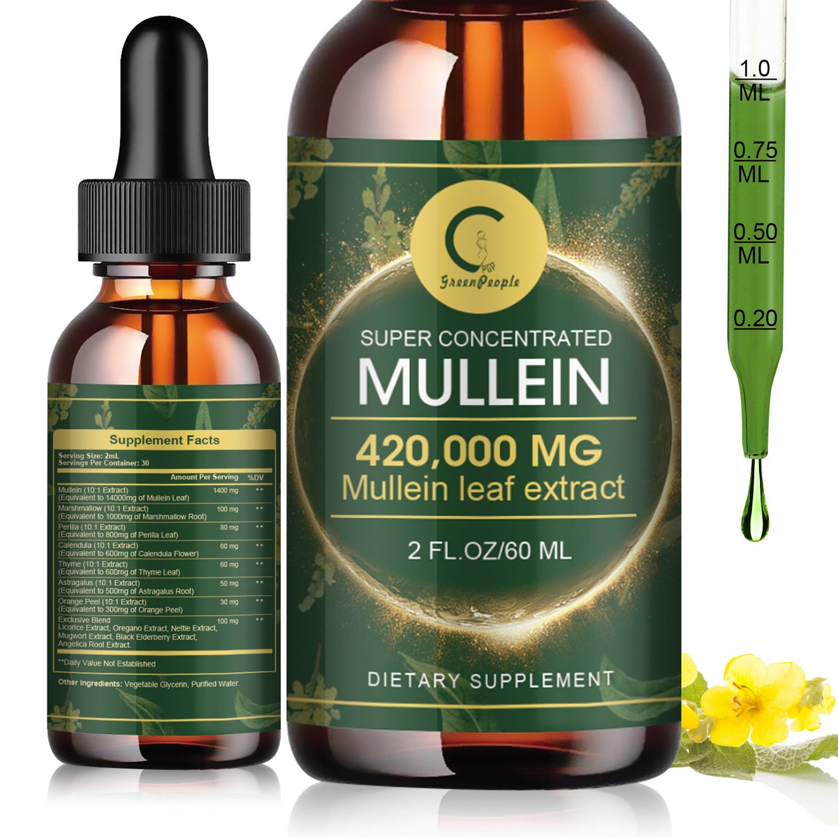 Bottle of GPGP Greenpeople Mullein Leaf Liquid Drops with 13 natural ingredients for lung cleanse and immune support