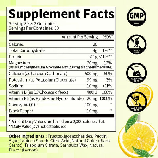 Magnesium Glycinate Gummies with Vitamin Coq10 Black Pepper Minerals 60Pcs Cramps Fatigue Relief Sleep Quality