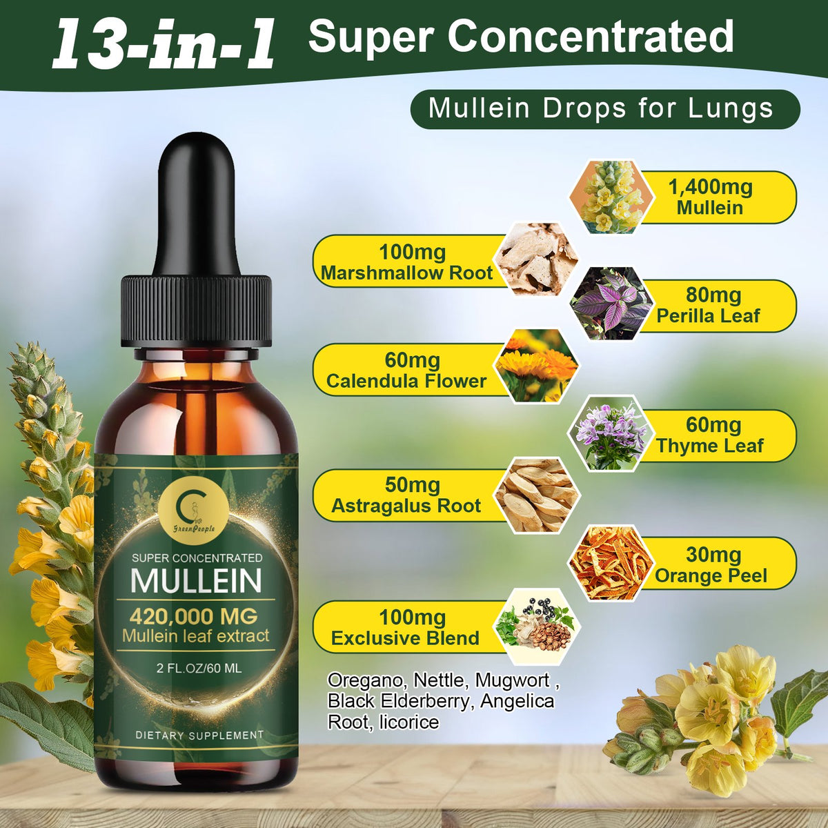 Herbal lung detox tincture with mullein leaf, calendula, elderberry, and thyme in alcohol-free liquid form