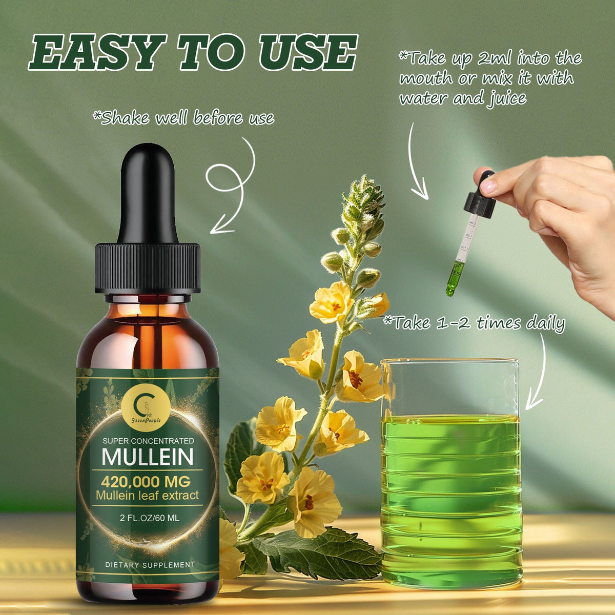 GPGP GREENPEOPLE Mullein Drops for Lungs, Organic Mullein Leaf Extract Drops For Lung Cleanse & Detox 60ml - GPGP GREENPEOPLE